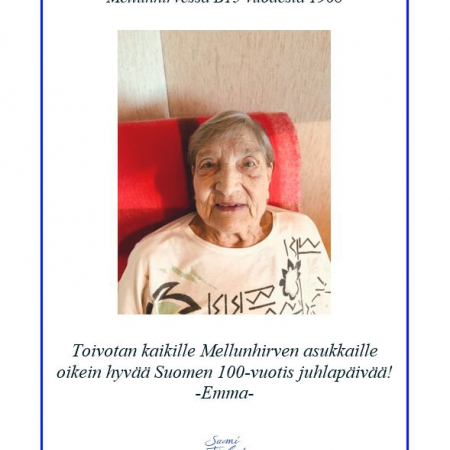 Taloyhtiön vanhin asukas Emma Leinonen lähetti asunnostaan Suomi 100-terveiset